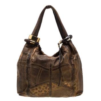 Pre Owned Jimmy Choo Brown Lizard/Snakeskin Patchwork Saba Hobo