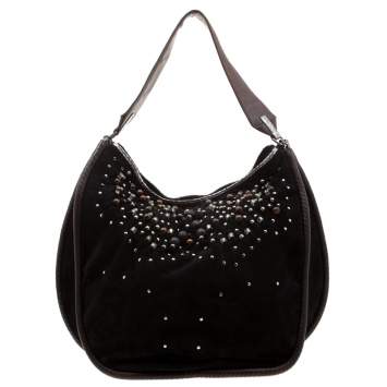 مملوكة مسبقًا Jimmy Choo Black Suede Bead Embellished Hobo