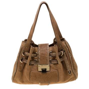 Pre Owned Jimmy Choo Tan Leather and Snakeskin Trimmed Ramona Tote