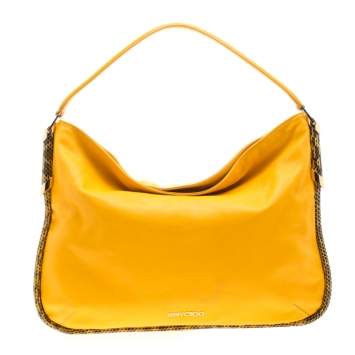 Pre Owned Jimmy Choo Mustard Leather and Snakeskin Trim Zoe Hobo