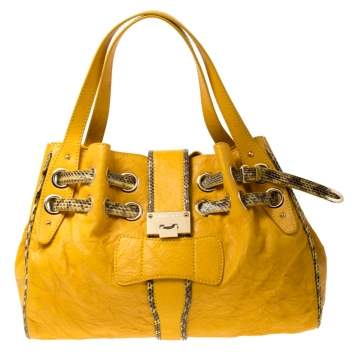 Pre Owned Jimmy Choo Yellow Leather and Python Trim Riki Tote