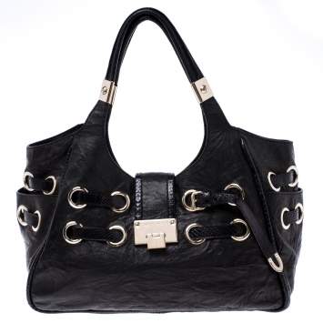 Pre Owned Jimmy Choo Black Leather and Python Trim Riki Tote