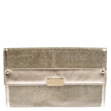 مملوكة مسبقًا Jimmy Choo Gold Metallic Leather and Glitter Reese Continental Clutch