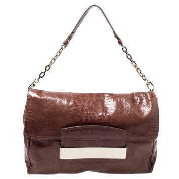 Pre Owned Jimmy Choo Brown Lizard Embossed Leather Carolina Shoulder Bag