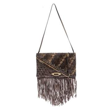 Pre Owned Jimmy Choo Beige Python and Suede Fringe Tita Shoulder Bag
