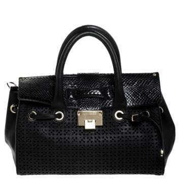 Pre Owned Jimmy Choo Black Perforated Leather and Snakeskin Rosa Flap Over Tote
