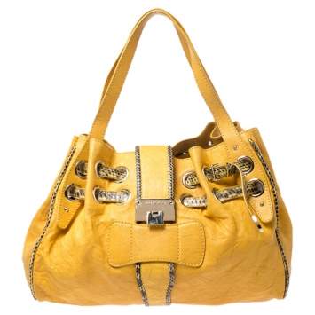 Pre Owned Jimmy Choo Yellow Leather Python Trimmed Riki Tote