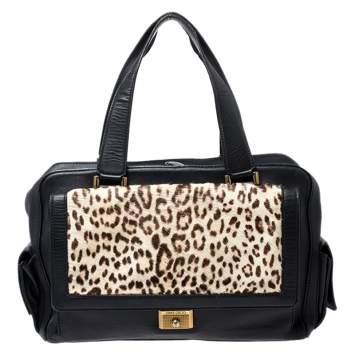 Pre Owned Jimmy Choo Black/Beige Leopard Print Calfhair and Leather Catherine Satchel