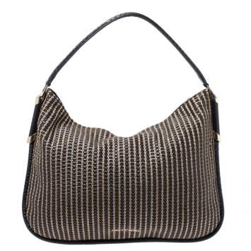 Pre Owned Jimmy Choo Black/Brown Woven Leather and Snake Skin Trim Hobo