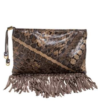 Pre Owned Jimmy Choo Beige Python and Suede Fringe Tita Convertible Clutch 