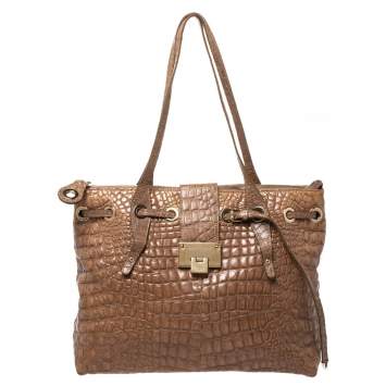 Pre Owned Jimmy Choo Beige Croc Embossed Patent Leather Rhea Shopper Tote