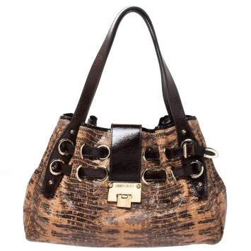 Pre Owned Jimmy Choo Brown Python Effect Patent Leather Ramona Tote