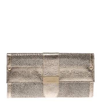 Pre Owned Jimmy Choo Gold Metallic Leather and Glitter Reese Clutch