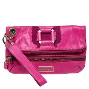Pre Owned Jimmy Choo Neon Pink Leather Mave Foldover Clutch