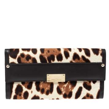 Pre Owned Jimmy Choo Brown/Beige Leopard Print Calfhair and Leather Clutch