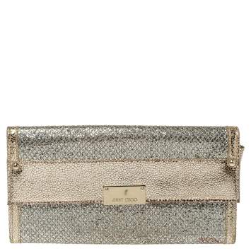 Pre Owned Jimmy Choo Metallic Gold Leather and Glitter Reese Clutch