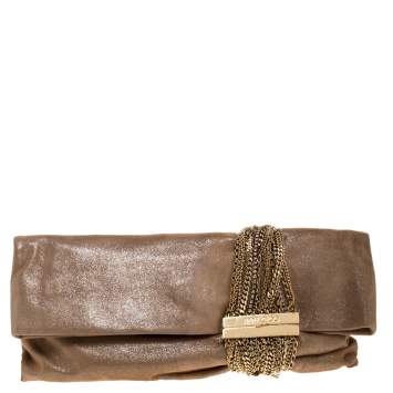 Pre Owned Jimmy Choo Beige Shimmer Suede Chandra Clutch