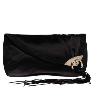 Pre Owned Jimmy Choo Black Satin and Suede Fringe Clutch