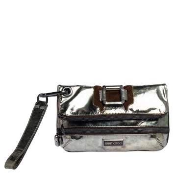 Pre Owned Jimmy Choo Gold Patent Vinyl and Suede Mave Foldover Clutch