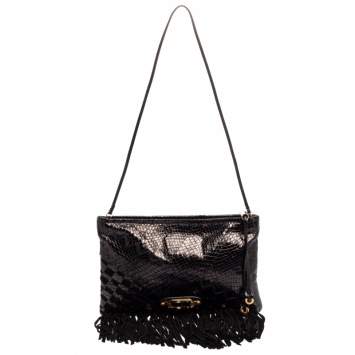 Pre Owned Jimmy Choo Black Python and Suede Fringe Tita Convertible Clutch 