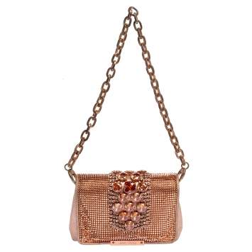 Pre Owned Jimmy Choo Rose Gold Leather and Metal Mesh Crystal Embellished Cecile Bag