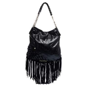 Pre Owned Jimmy Choo Black Python and Suede Tatum Fringe Hobo