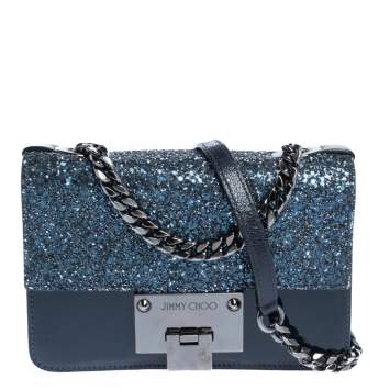 Pre Owned Jimmy Choo Three Tone Blue Glitter and Patent Leather Mini Rebel Crossbody Bag