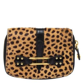 Pre Owned Jimmy Choo Beige/Black Leopard Print Calfhair and Leather Compact Wallet