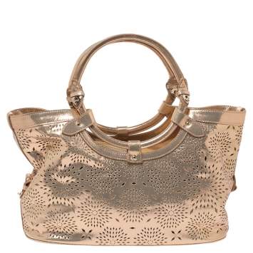 Pre Owned Jimmy Choo Metallic Rose Gold Leather Laser Cut Ring Handle Tote