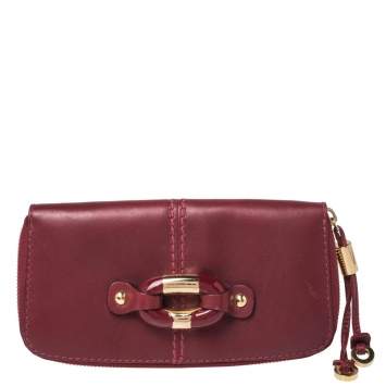 Pre Owned Jimmy Choo Red Leather Ring Buckle Zip Around Continental Wallet