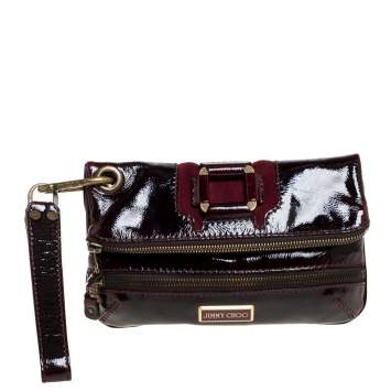 Pre Owned Jimmy Choo Burgundy Patent Leather and Suede Mave Foldover Clutch