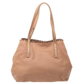 Pre Owned Jimmy Choo Beige Grained Leather Whipstitch Tote