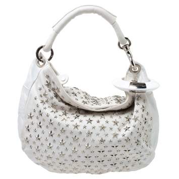 Pre Owned Jimmy Choo White Leather Small Star Studded Solar Hobo