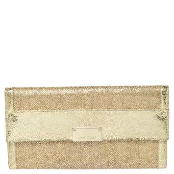 Pre Owned Jimmy Choo Metallic Gold Glitter and Patent Leather Reese Flap Clutch
