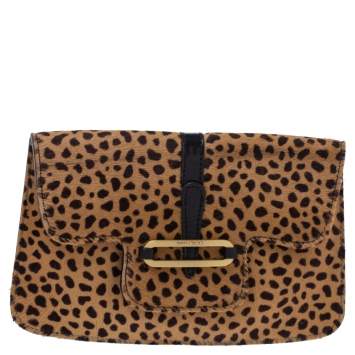 Pre Owned Jimmy Choo Beige/Black Leopard Print Calfhair and Leather Clutch
