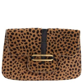 Pre Owned Jimmy Choo Beige/Black Leopard Print Calfhair and Leather Clutch