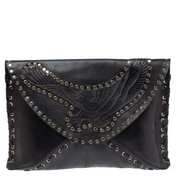 Pre Owned Jimmy Choo Black Studded Leather Flap Clutch