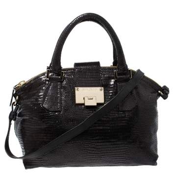 Pre Owned Jimmy Choo Black Lizard Effect Leather Rosa Satchel
