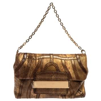 Pre Owned Jimmy Choo Golden Brown Karung Snake Carolina Flap Chain Bag