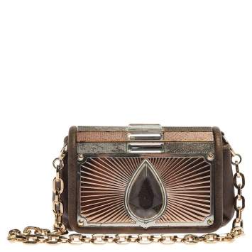 Pre Owned Jimmy Choo Khaki/Multicolor Leather and Metal Crystal Embellished Chain Clutch