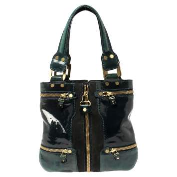 Pre Owned Jimmy Choo Dark Green Patent Leather And Suede Small Mona Tote