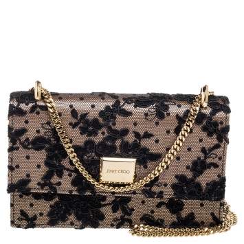 Pre Owned Jimmy Choo Black/Beige Floral Lace Lizzie Chain Shoulder Bag