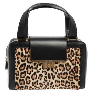 Pre Owned Jimmy Choo Black Leopard Print Calfhair and Leather Catherine Satchel