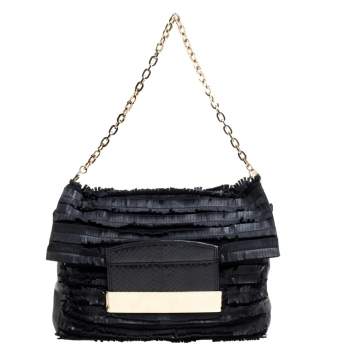 Pre Owned Jimmy Choo Black Leather and Suede Carolina Fringe Shoulder Bag
