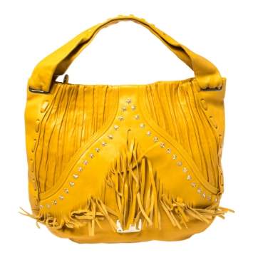 Pre Owned Jimmy Choo Mustard Leather Isola Fringe Studded Hobo