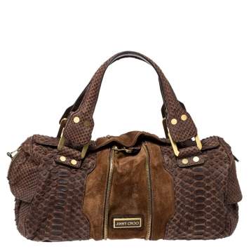 Pre Owned Jimmy Choo Brown Python and Suede Marla Satchel