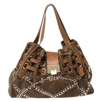 Pre Owned Jimmy Choo Brown Suede and Leather Ramona Studded Tote