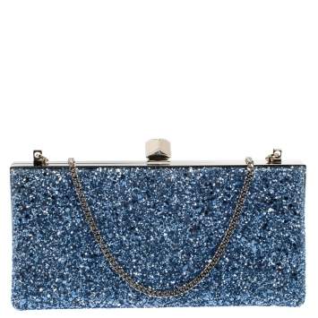Pre Owned Jimmy Choo Blue Coarse Glitter Celeste Clutch 