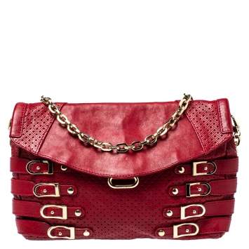 Pre Owned Jimmy Choo Red Perforated Leather Brix Convertible Clutch