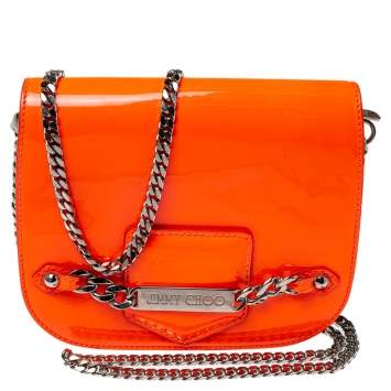 Pre Owned Jimmy Choo Neon Orange Patent Leather Chain-Link Crossbody Bag